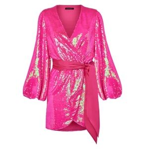 NADINE MERABI Izzie Sequin Long Sleeve Wrap Dress In Bright Pink